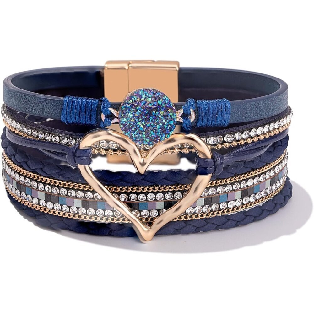 Women's Blue Heart Leather Wrap Stackable Boho Resin Stone Rhinestone Bracelets
